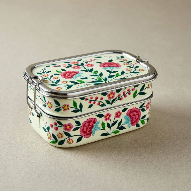 Tiffin Style Lunch Box | Pink & Ivory Flowers