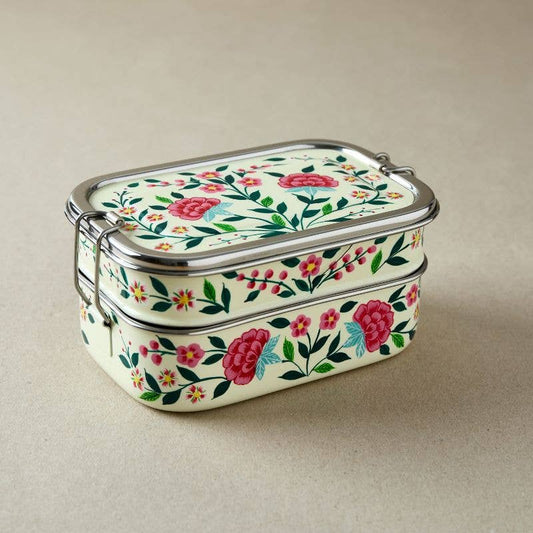 Tiffin Style Lunch Box | Pink & Ivory Flowers