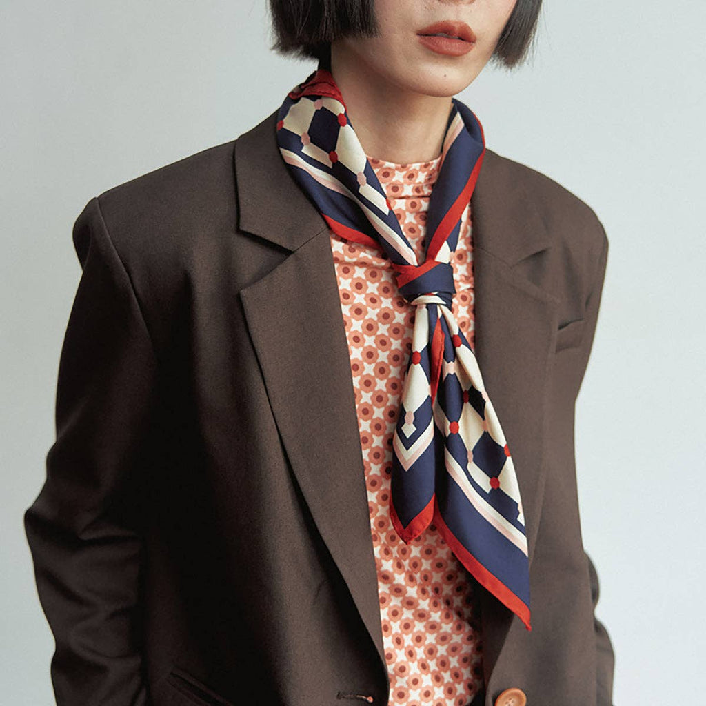 "Checkerboard" Silk  Bandana Scarf - Blue