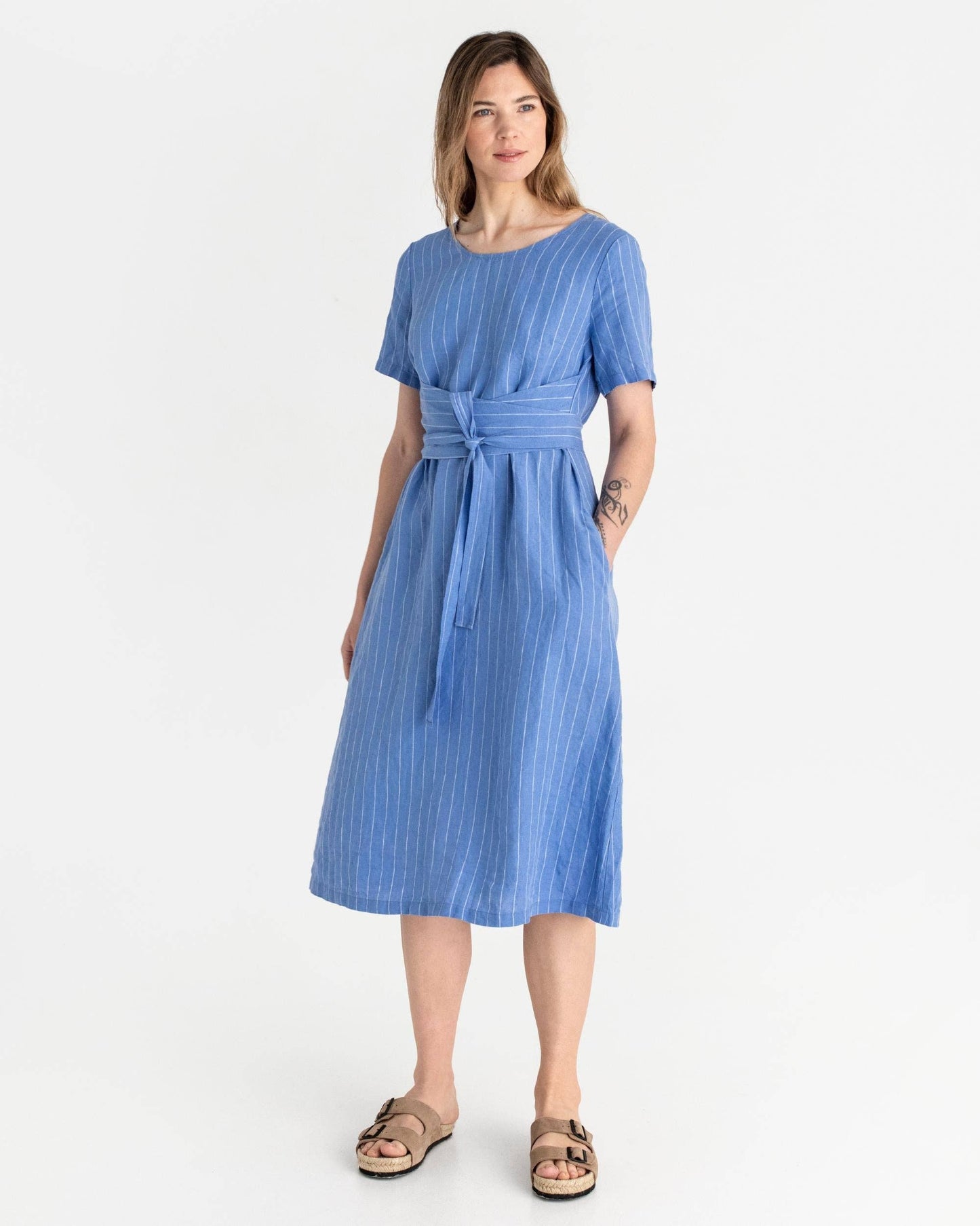 Midi wrap linen dress MANILA in Blue stripes