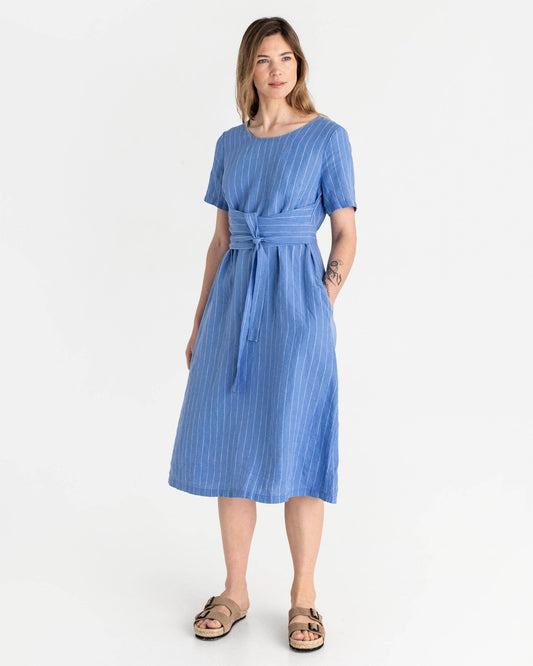Midi wrap linen dress MANILA in Blue stripes