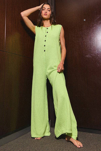 IR5426  Wide Leg Button-up Loose Fit Solid Sweater Jumpsuit