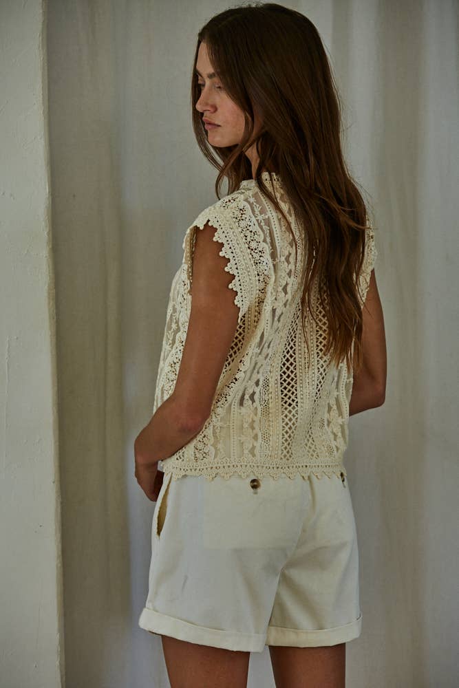Woven Cotton Lace Buttondown Sleeveless Top