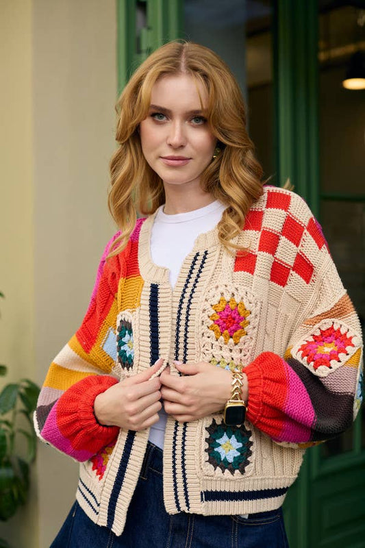 Square Checkered Multi Pattern Cardigan