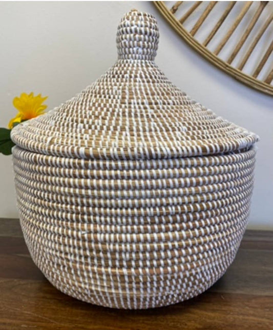 White Sweet Grass Large Lidded Basket