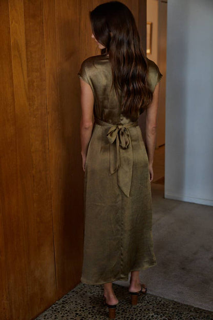 Woven Satin Cross Front Tie Strap Maxi Dress