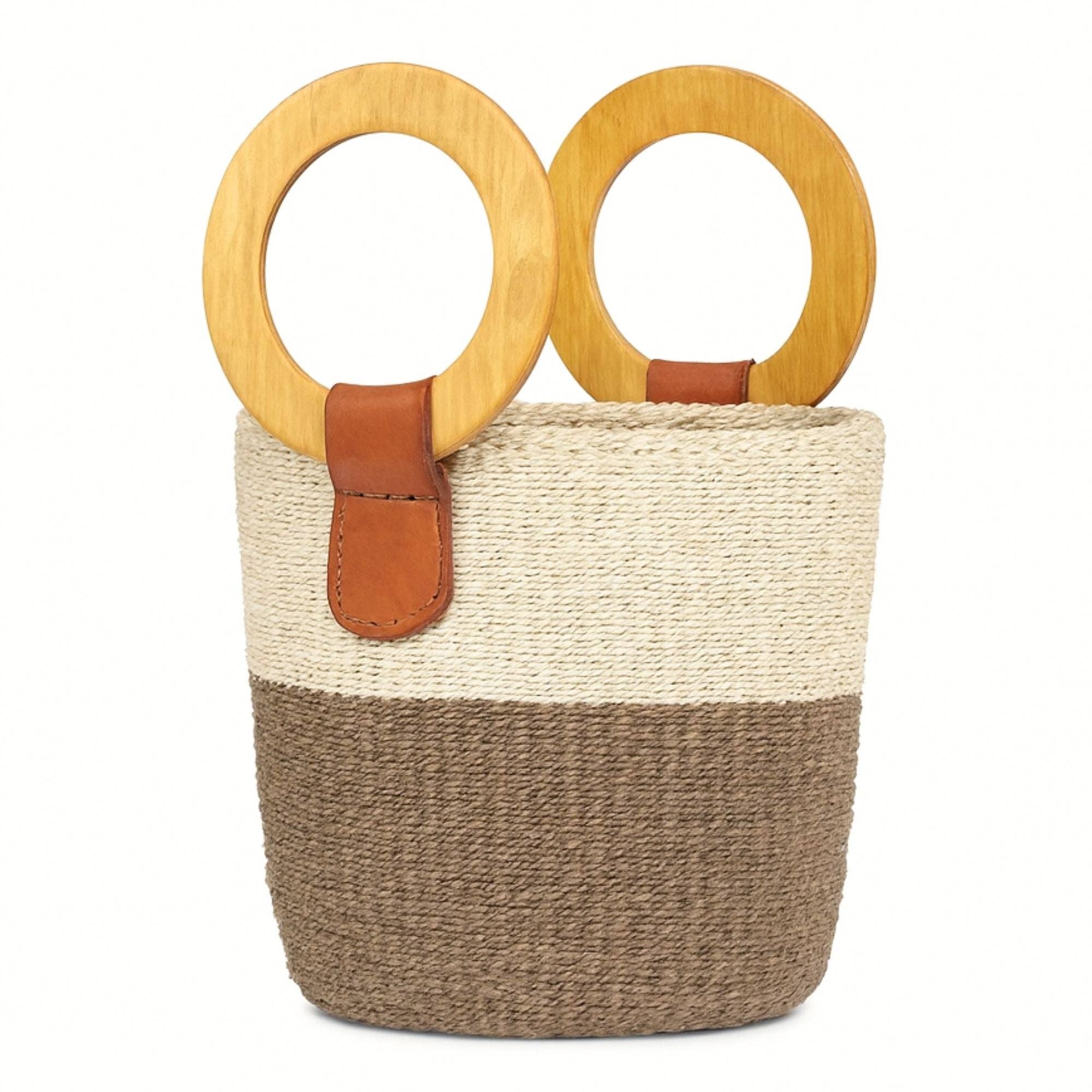 Natural Sisal Bag with Wood Handles, Two Tone Natural