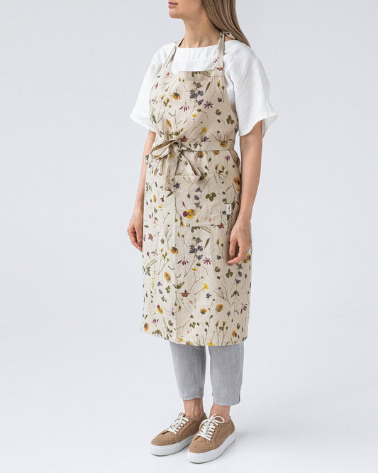 Linen bib apron with pocket in Botanical print| Floral print