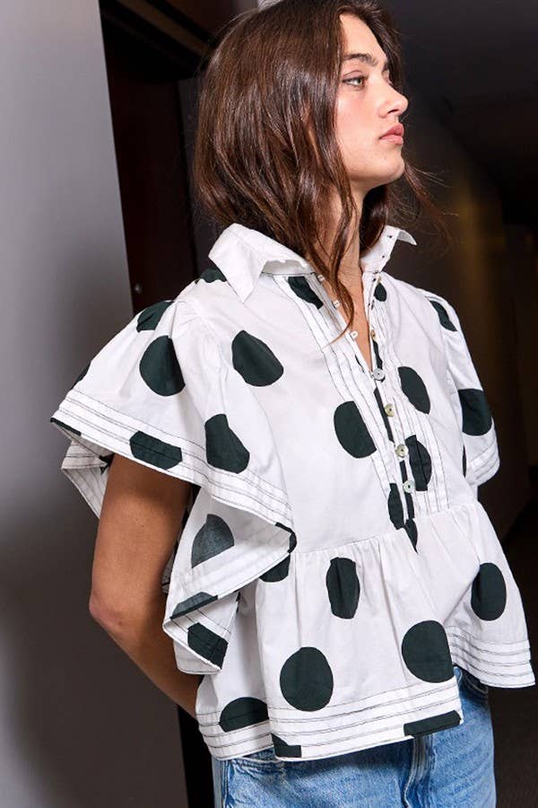 IT2337 Ruffle Sleeves Pintuck Detail Polka Dot Print top