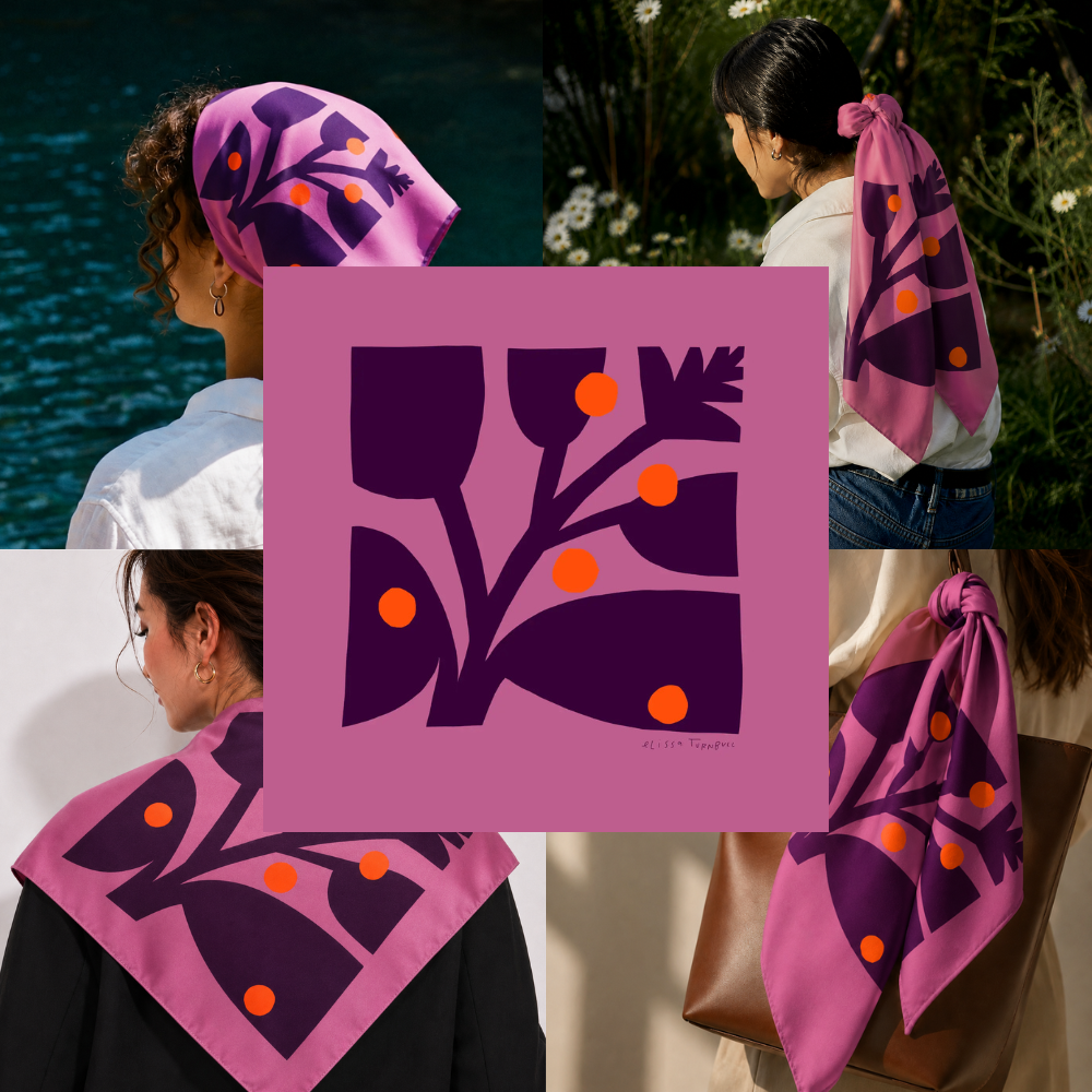 Purple and Red Botanical Scarf | 100% Silk | Hair Scarf