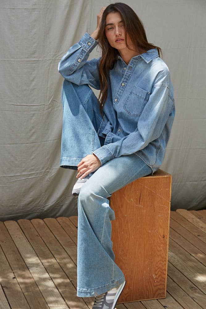 Woven Cotton Chambray Denim Button-Down Shirt
