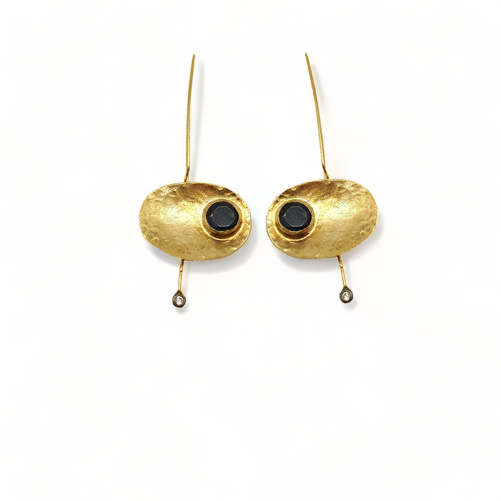 Black CZ Handmade Hammered Gold Earrings