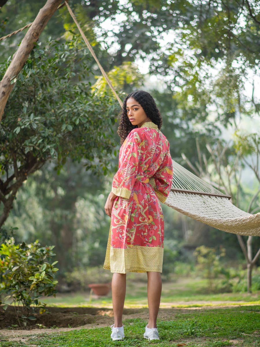 Printed Bird Coral Cotton Kimono for Women| One Size