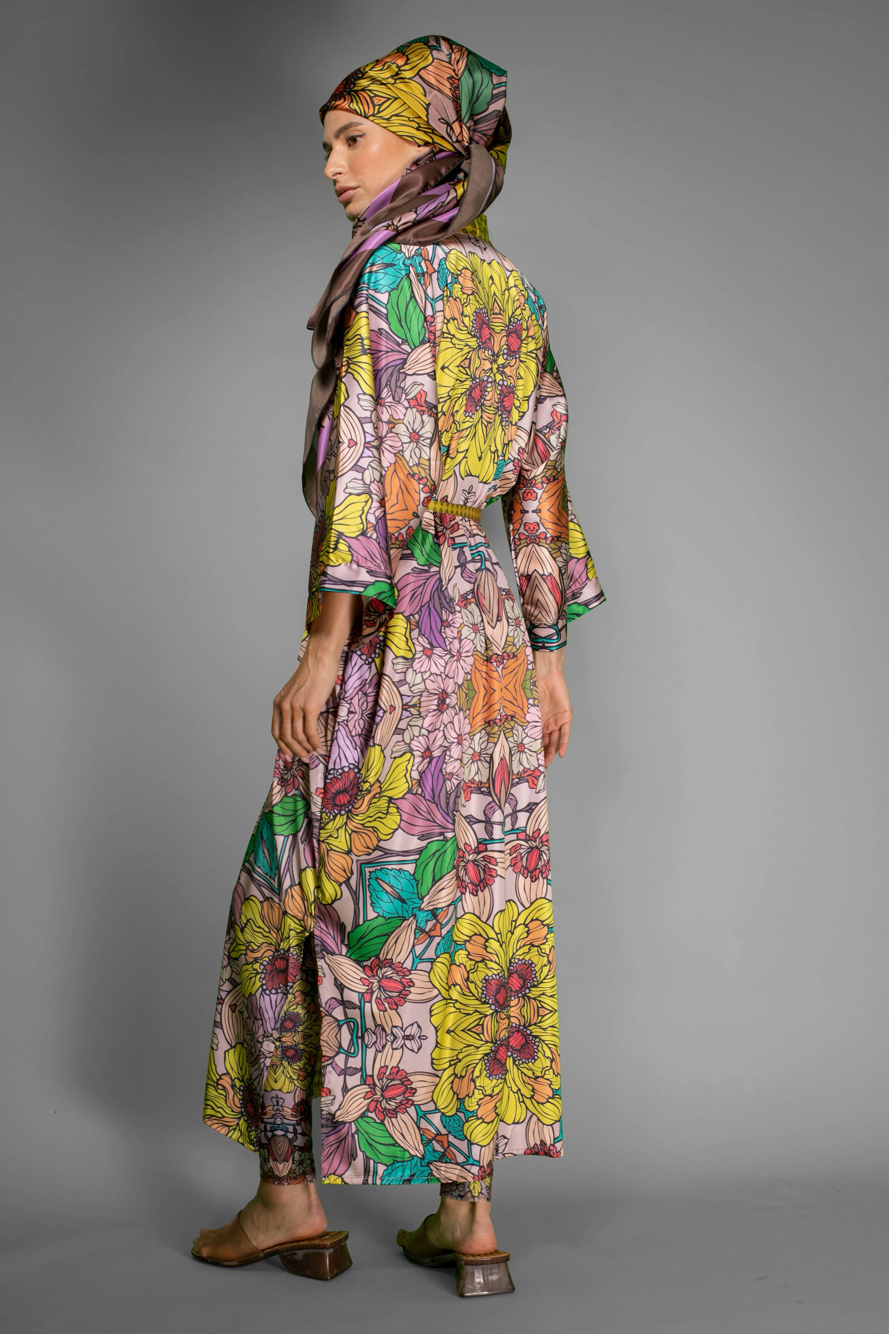 Golden Floral Satin Kimono