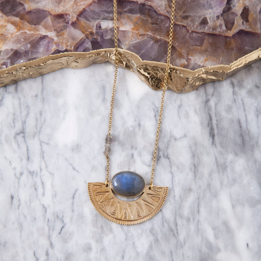 Brass Carved Shield Pendant with Labradorite - BP016