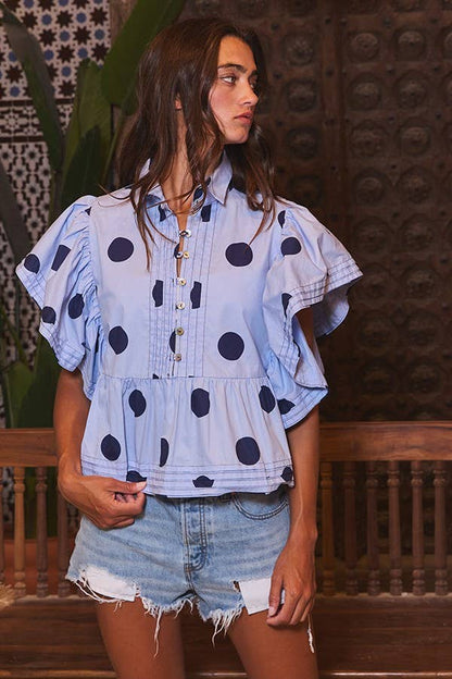 IT2337 Ruffle Sleeves Pintuck Detail Polka Dot Print top