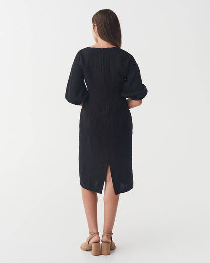 Balloon Sleeve Linen Dress BORNEO in Black
