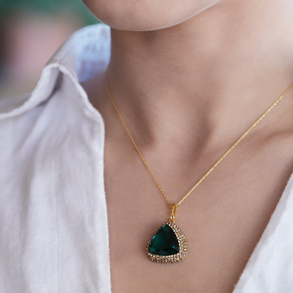 Emerald CZ Stone Pave Sterling Silver Necklace