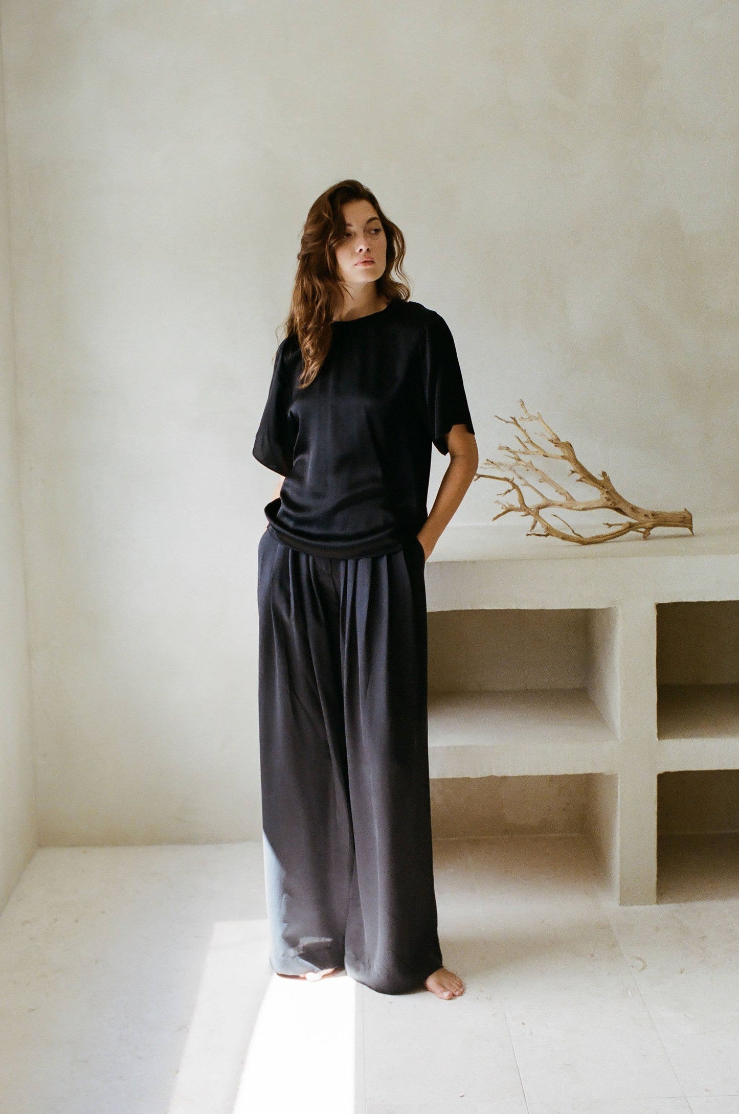 AR1045 | Woven 100% Silk Round Neck Short Sleeve Top