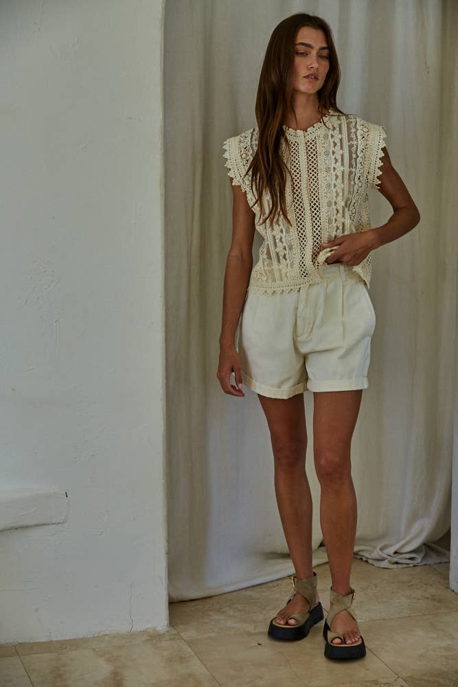 Woven Cotton Lace Buttondown Sleeveless Top