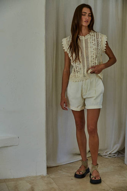 Woven Cotton Lace Buttondown Sleeveless Top