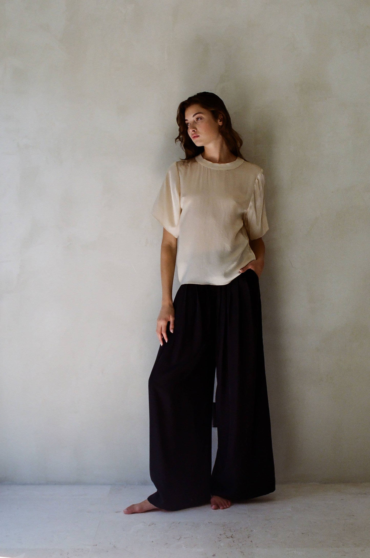 AR1045 | Woven 100% Silk Round Neck Short Sleeve Top