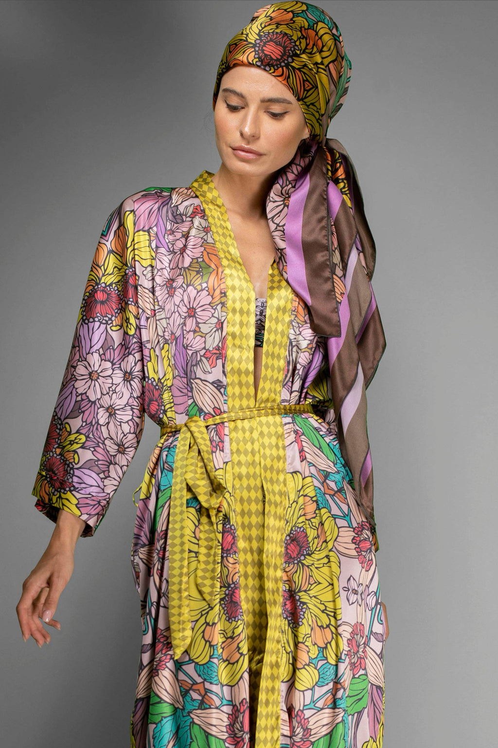 Golden Floral Satin Kimono