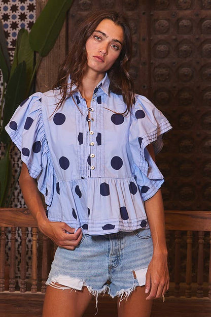 IT2337 Ruffle Sleeves Pintuck Detail Polka Dot Print top
