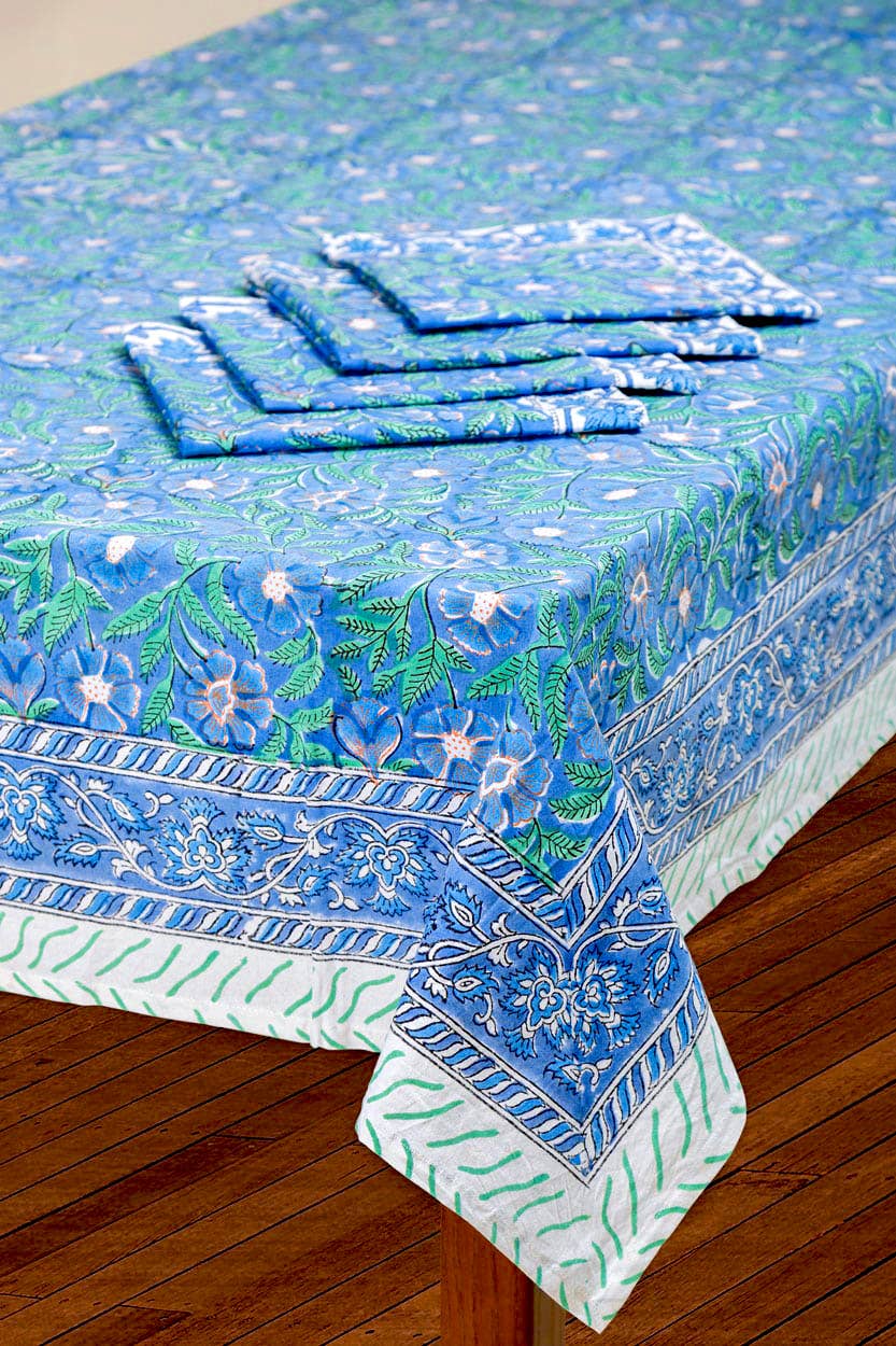 Sage & Blue Floral Block Print Cloth Tablecloth