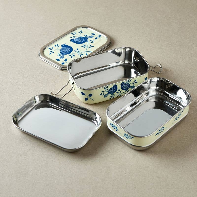 Tiffin Style Lunch Box | Ivory & Blue Birds