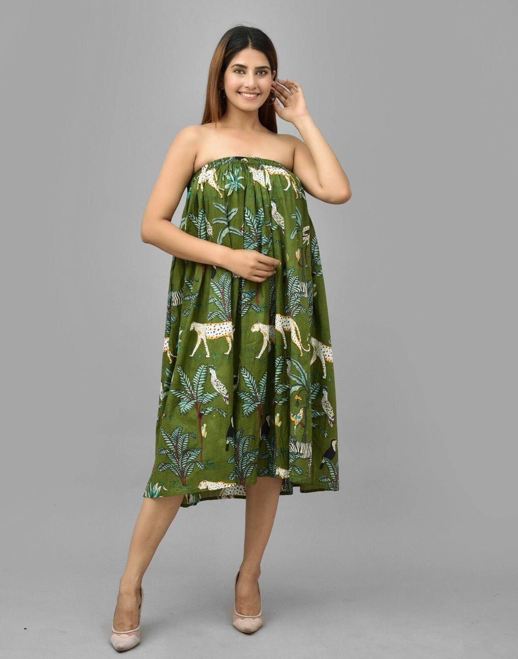 Tiger Block Printed Cotton Skirt in Green