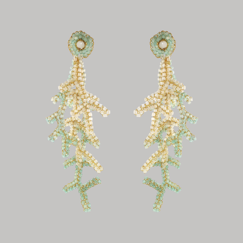 Blue & White Mix Coral Branches Long Handmade Crochet Earrings