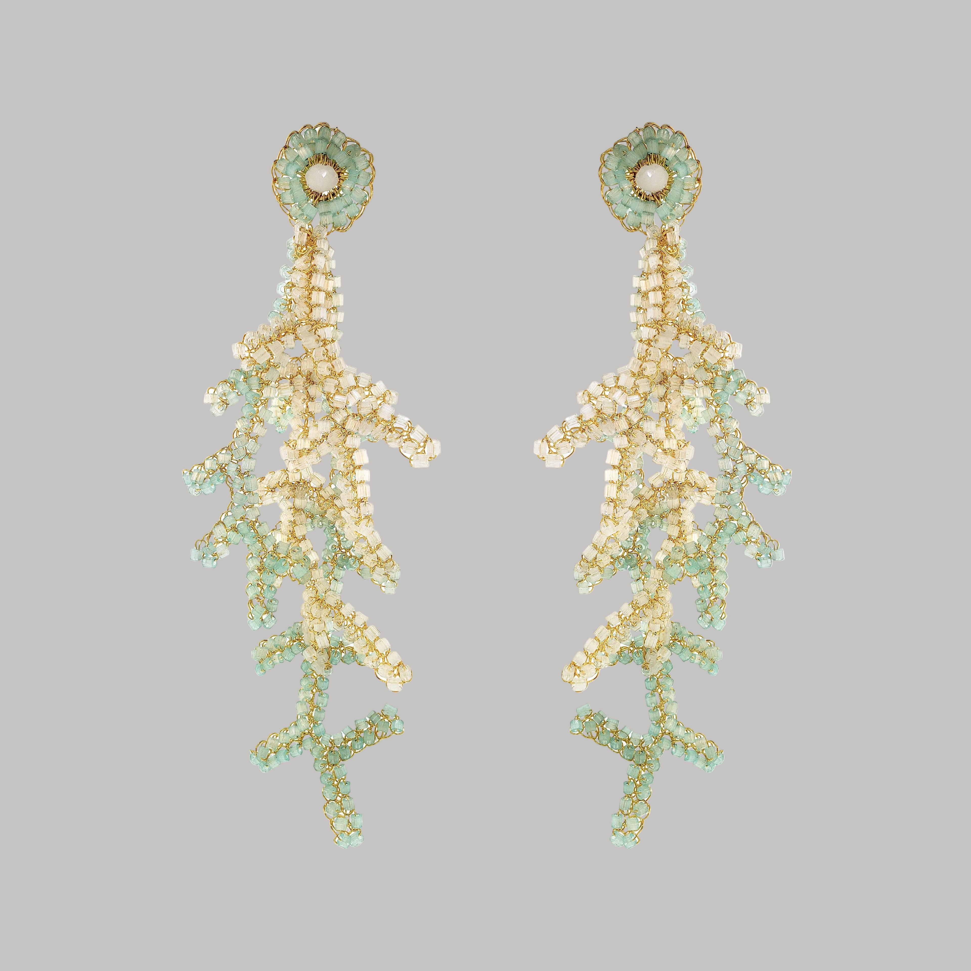 Blue & White Mix Coral Branches Long Handmade Crochet Earrings