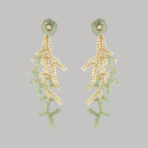 Blue & White Mix Coral Branches Long Handmade Crochet Earrings