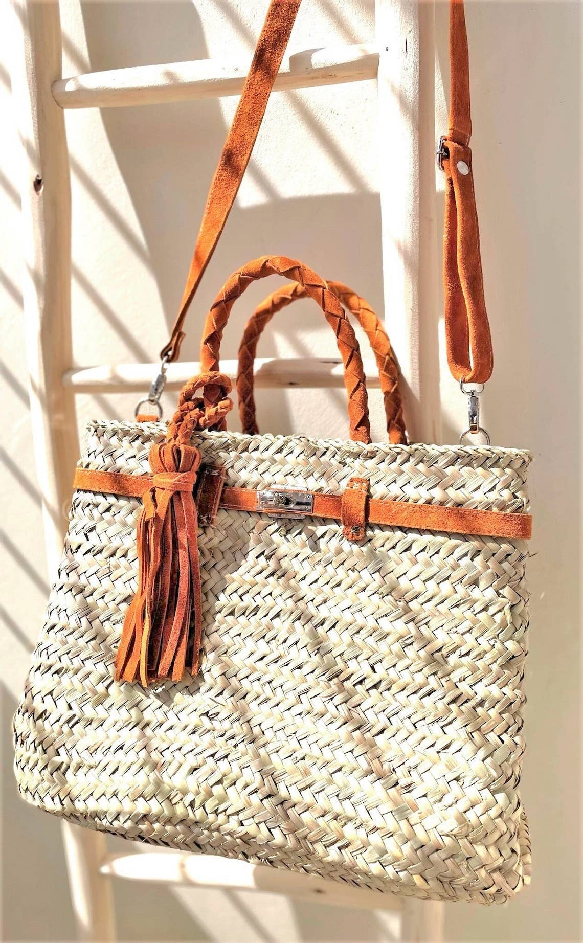 Basket with braided suede handles, shopping bag