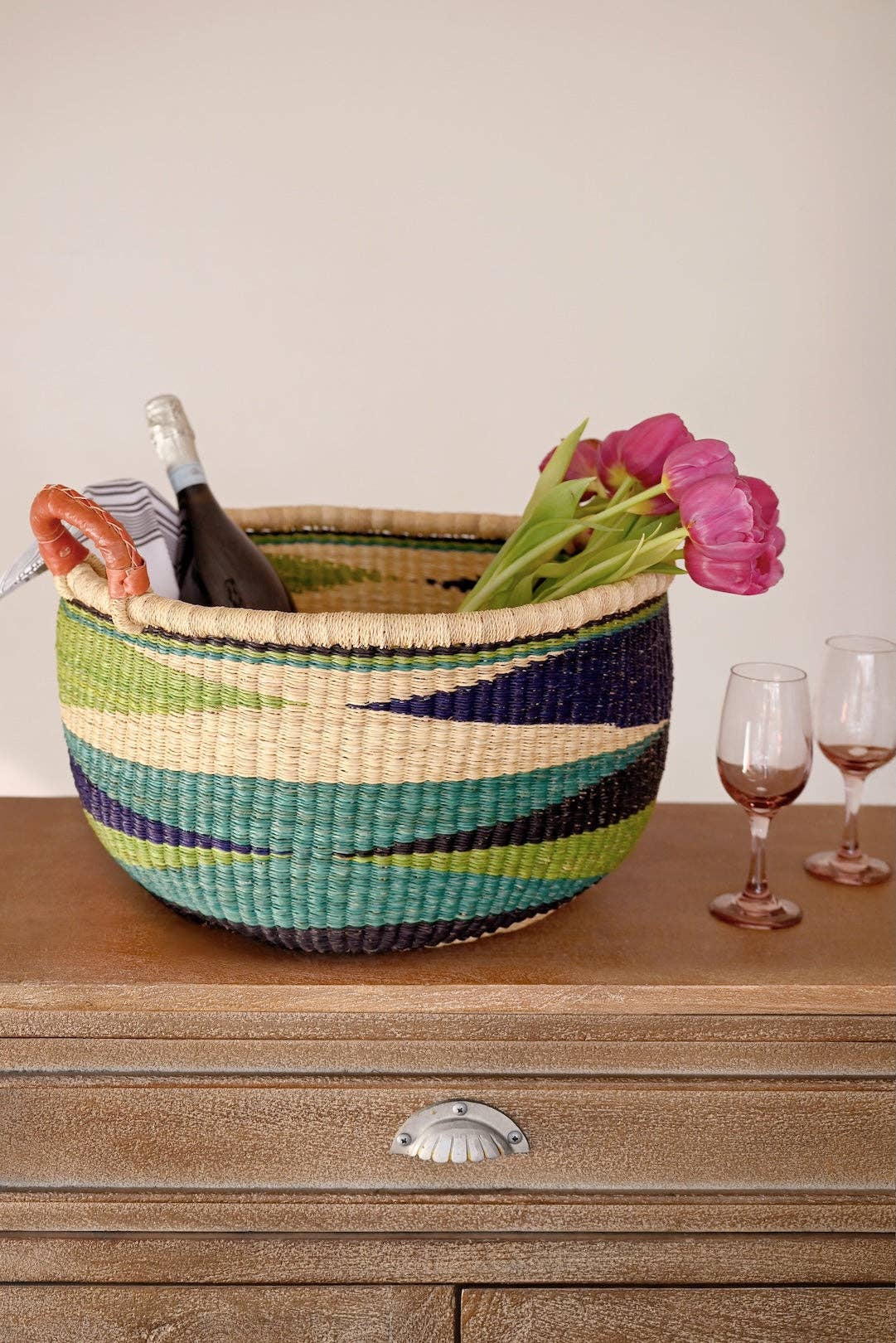 Shades of Blue Triangle Design Double Handle Bolga Basket