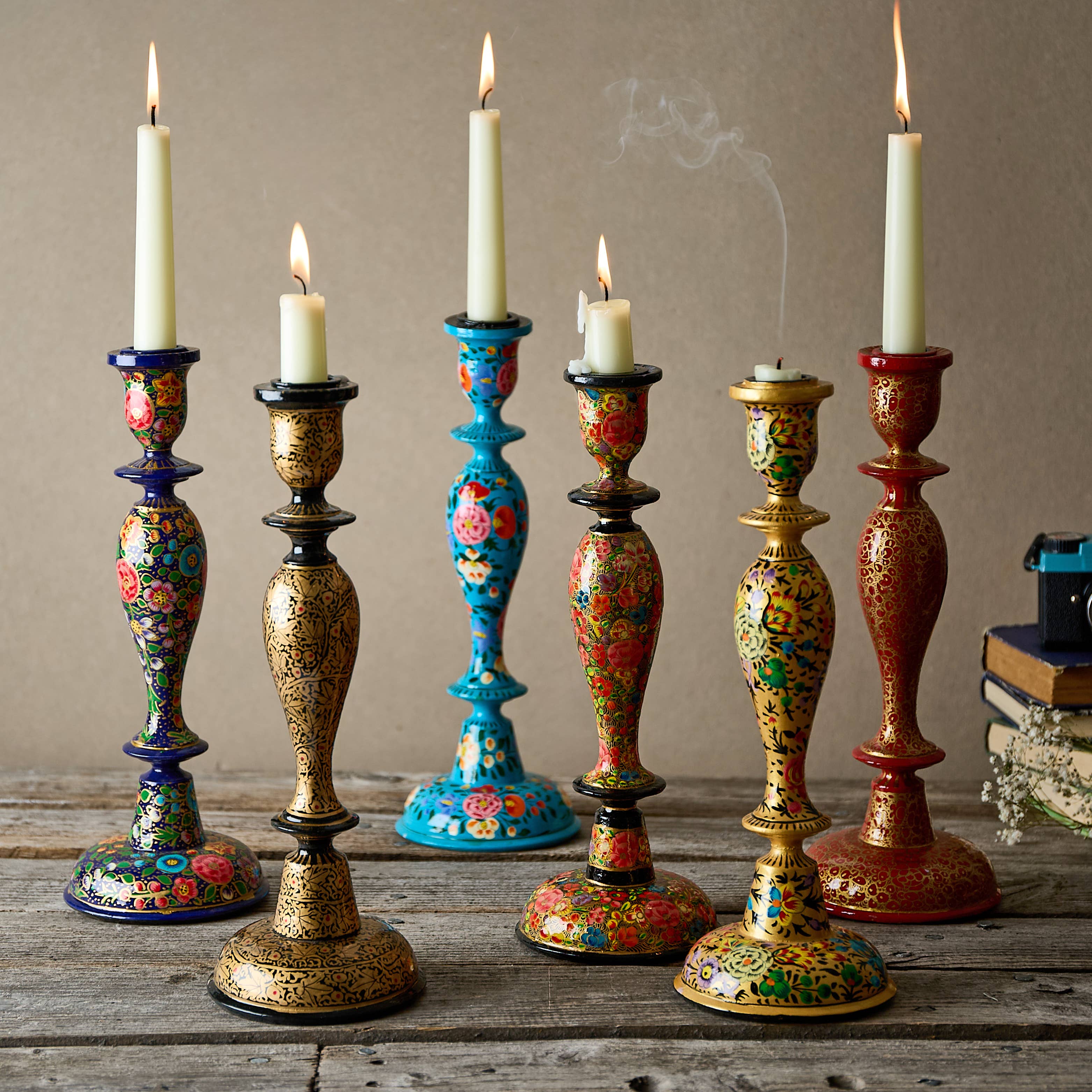 Wooden Candle Stick Holder 12" | Dark Blue Floral