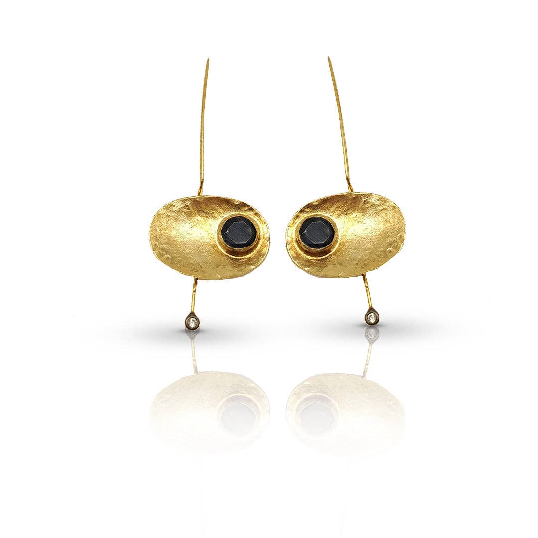 Black CZ Handmade Hammered Gold Earrings