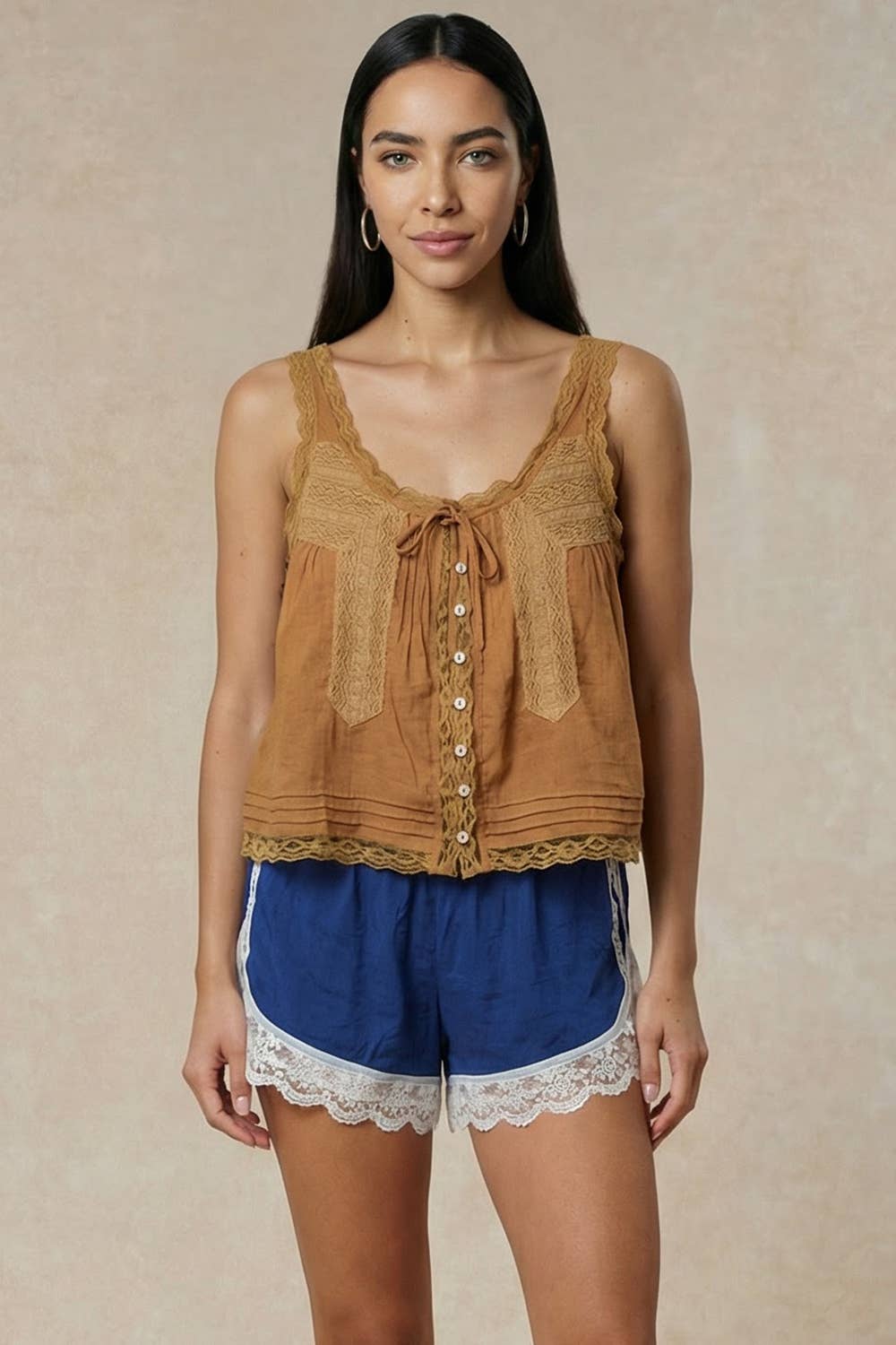Bow Tie Front Lace Trimmed Tank Top