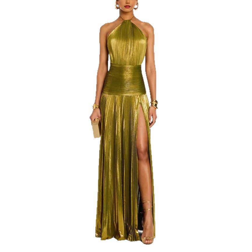 Metallic Halter Maxi Dress Backless