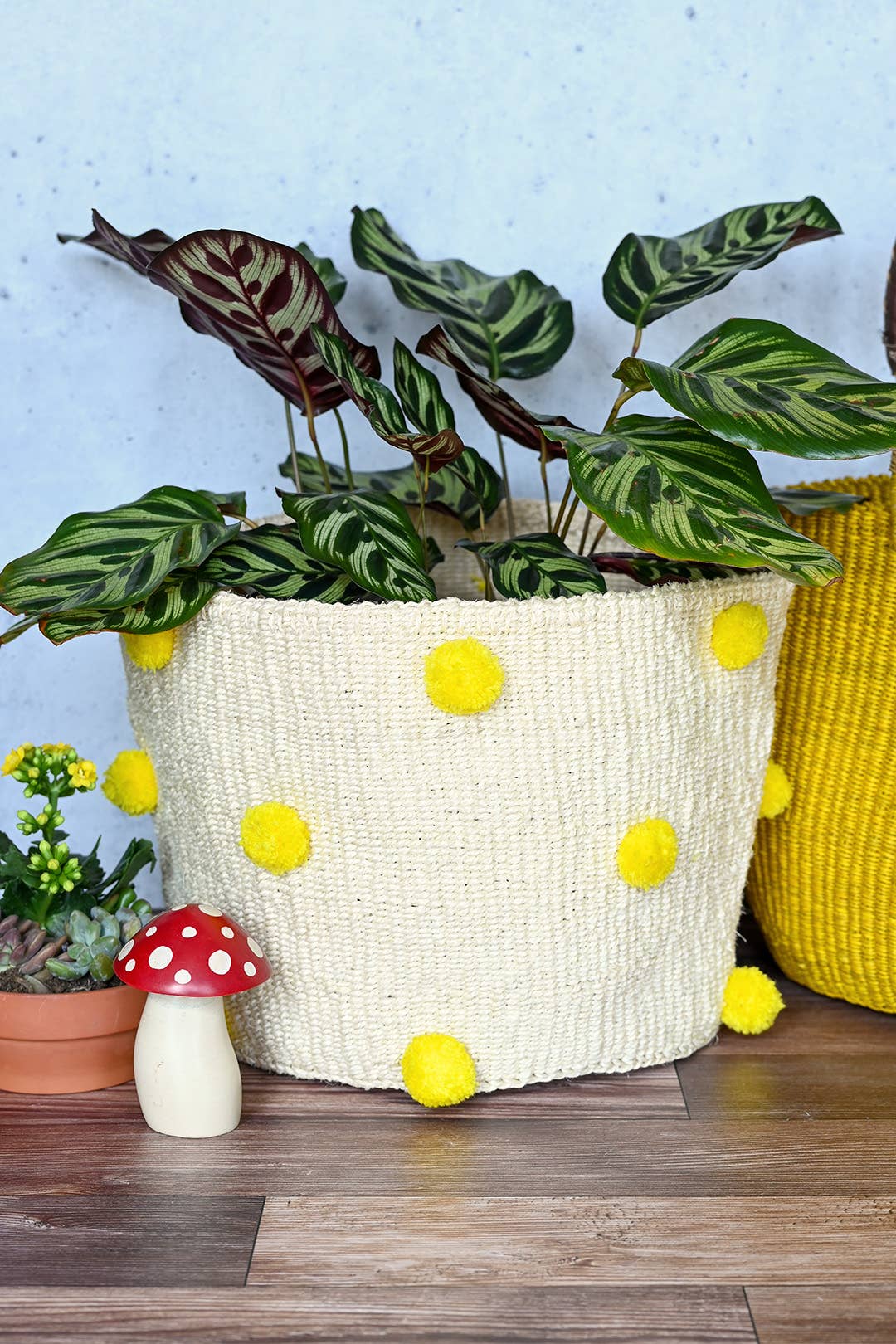 Natural Sisal Bin with Yellow Pom Poms