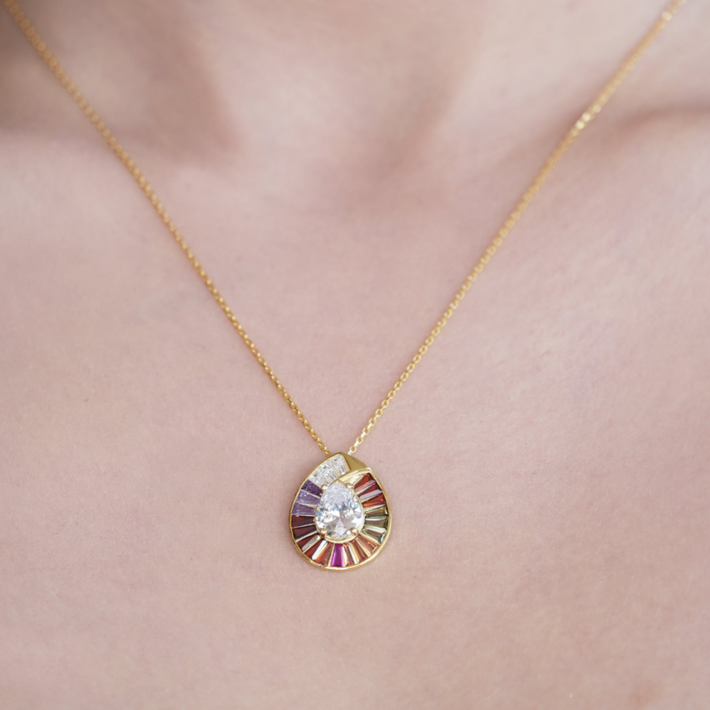 Round Sparkle Necklace with Colorful design around and CZ Diamond-Turkish Jewelry