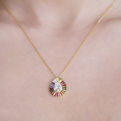 Round Sparkle Necklace with Colorful design around and CZ Diamond-Turkish Jewelry