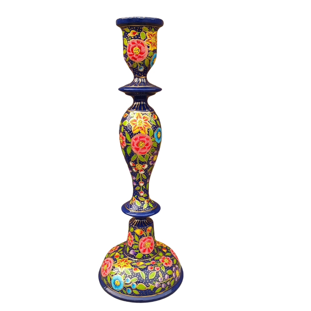 Wooden Candle Stick Holder 12" | Dark Blue Floral