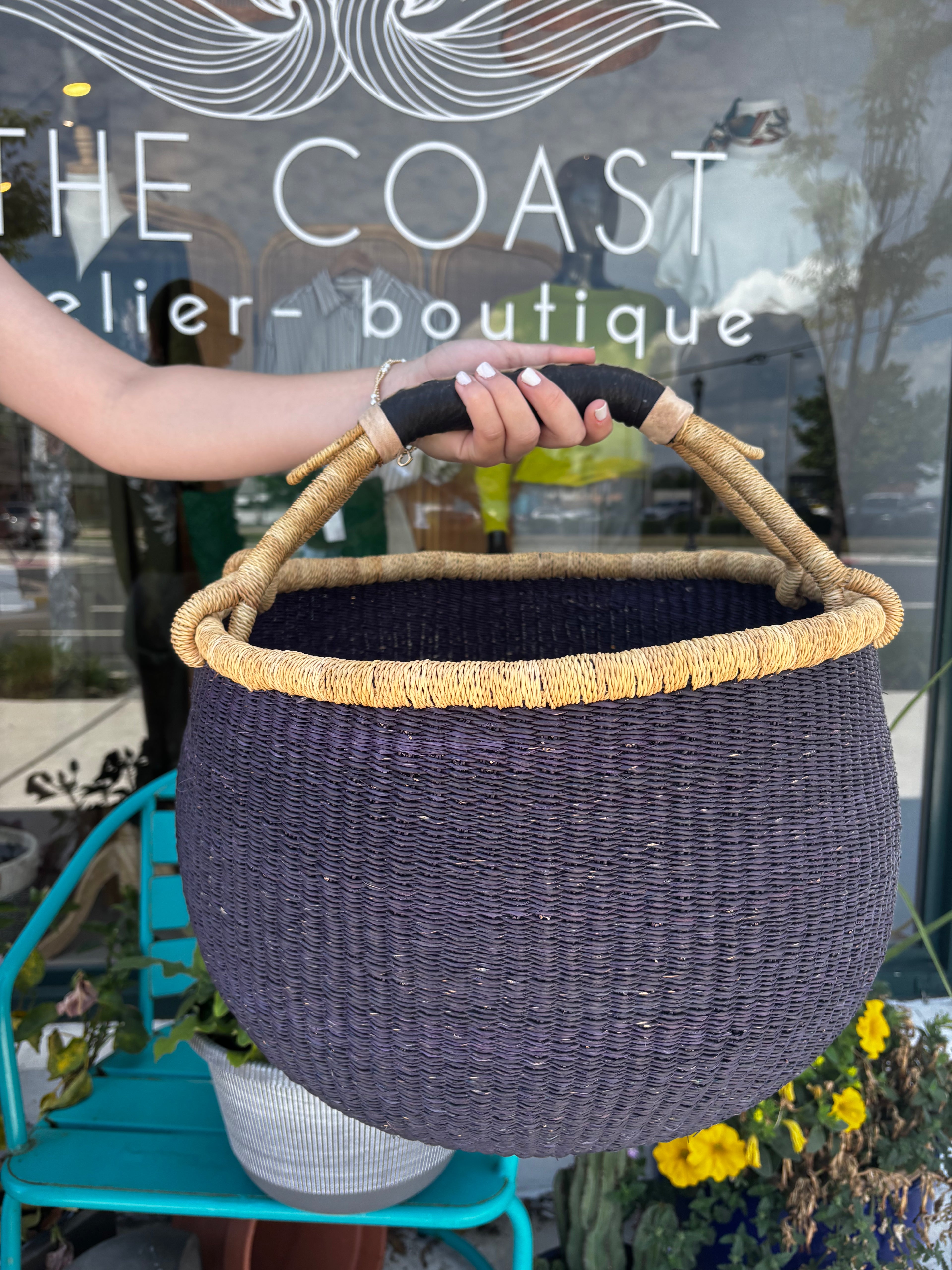 Large Ghana African Basket | Bolga Ghana Basket - Solid Blac