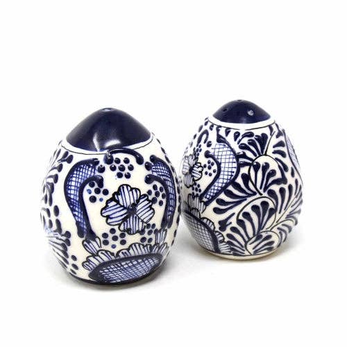 Encantada Handmade Pottery Set of Salt & Pepper Shakers, Blue Flower