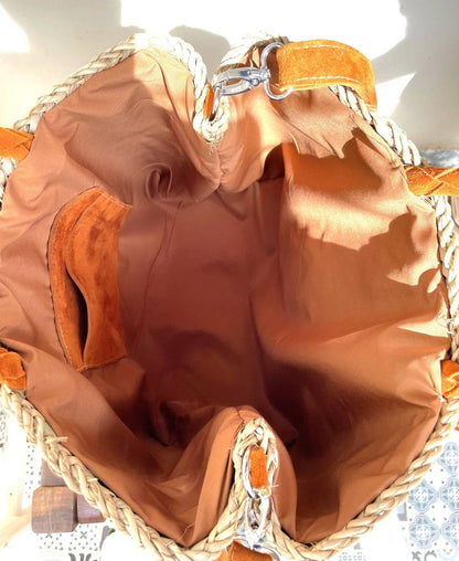 Basket with braided suede handles, shopping bag