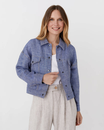 Cropped linen jacket LEURA in Denim