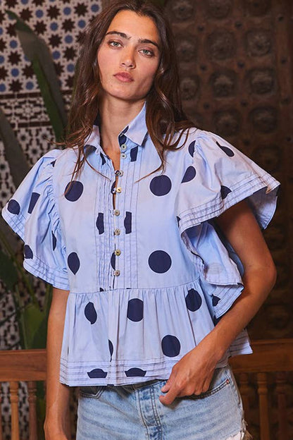 IT2337 Ruffle Sleeves Pintuck Detail Polka Dot Print top