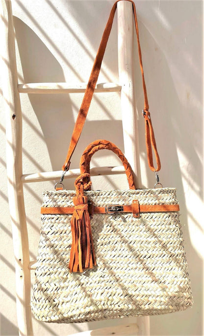 Basket with braided suede handles, shopping bag